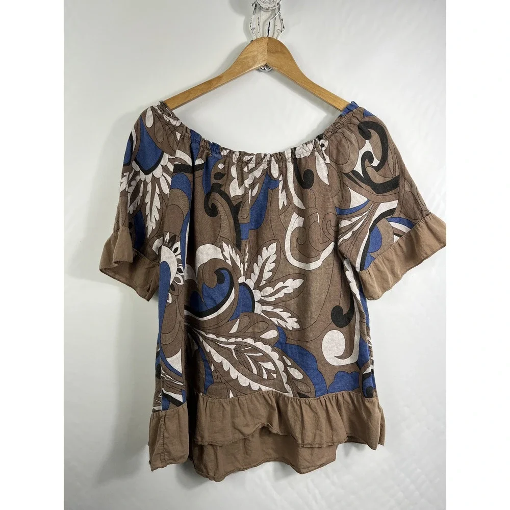 Terzo Millennio Women's Linen Blouse Top‎ Large Italy Ruffle Sleeve Coastal Boho